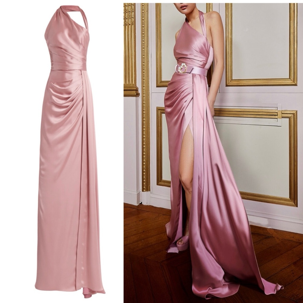 Zuhair Murad Asymmetric Draped Satin Gown Pink Maxi Dress